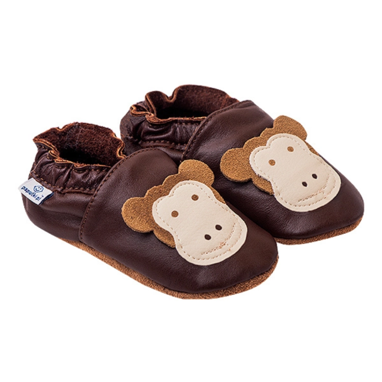 Paputki brązowe z małpką - miękkie skórzane buciki do chodzenia