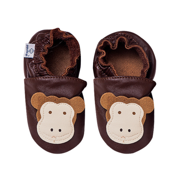 Paputki brązowe z małpką - miękkie skórzane buciki do chodzenia