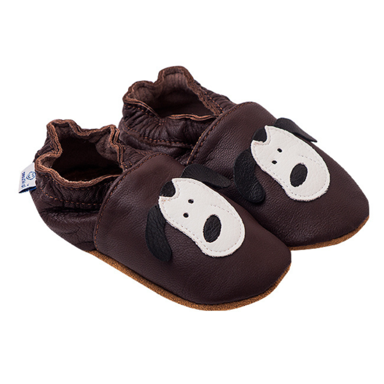 Paputki brązowe z pieskiem - miękkie buciki do chodzenia