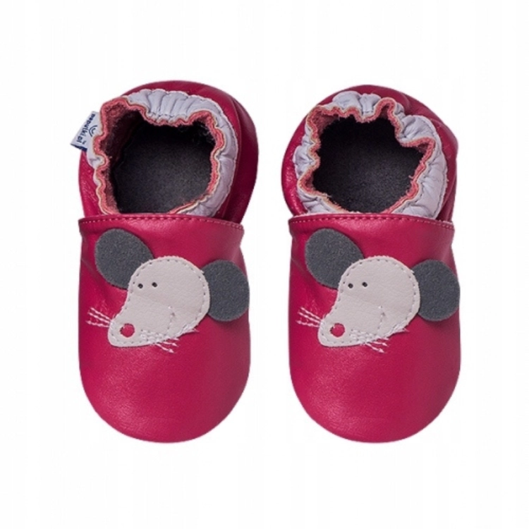 Paputki ciemny róż z myszką - miękkie buciki do chodzenia