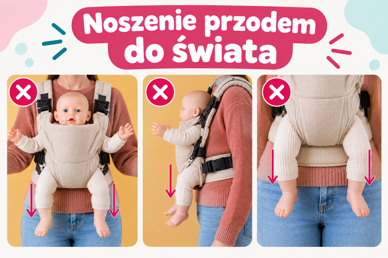 Błędne ułożenie dziecka podczas noszenia przodem do świata w nosidle