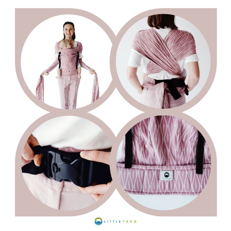 Dziecko w nosidle chustowym Little Frog Cross Hybrid - pozycja ergonomiczna